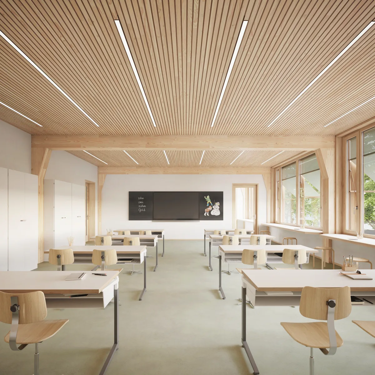 Auch in den Innenräumen setzen die Architekten auf viel Holz. Visualisierung eines Schulzimmers mit viel Holz.